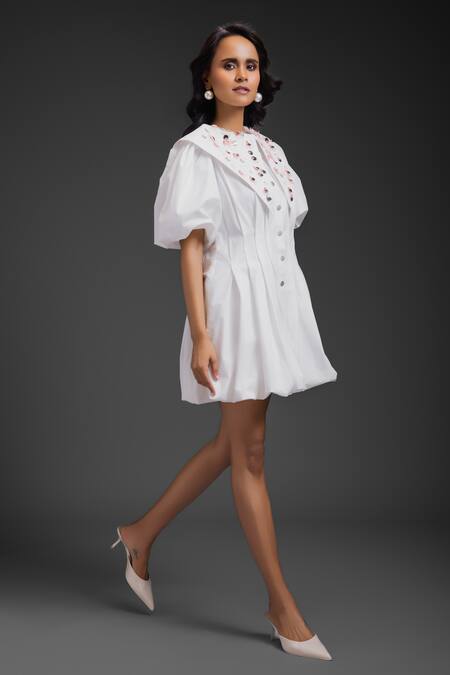 Buy_Deepika Arora_White Cotton Beads, Sequins Collared Designer Short Dress _Online_at_Aza_Fashions