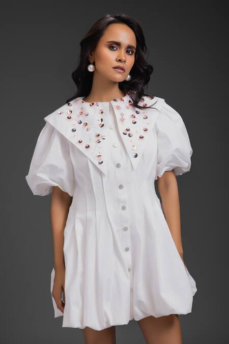 Shop_Deepika Arora_White Cotton Beads, Sequins Collared Designer Short Dress _Online_at_Aza_Fashions