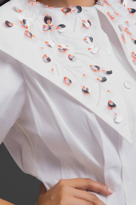 Deepika Arora_White Cotton Beads, Sequins Collared Designer Short Dress _at_Aza_Fashions