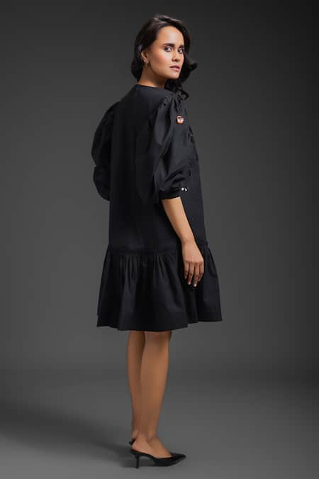 Shop_Deepika Arora_Black Cotton Round Neck Puff Sleeve Designer Dress _at_Aza_Fashions