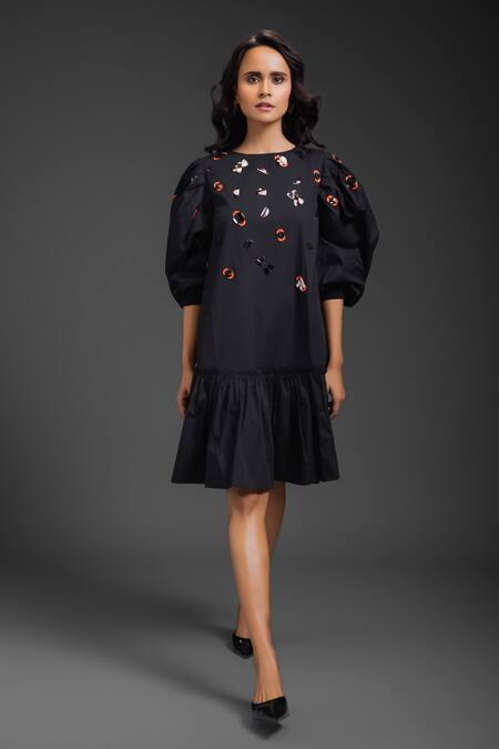 Deepika Arora_Black Cotton Round Neck Puff Sleeve Designer Dress _Online_at_Aza_Fashions