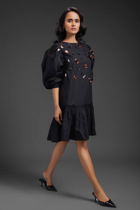Buy_Deepika Arora_Black Cotton Round Neck Puff Sleeve Designer Dress _Online_at_Aza_Fashions