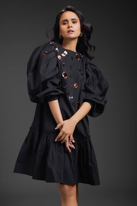 Shop_Deepika Arora_Black Cotton Round Neck Puff Sleeve Designer Dress _Online_at_Aza_Fashions