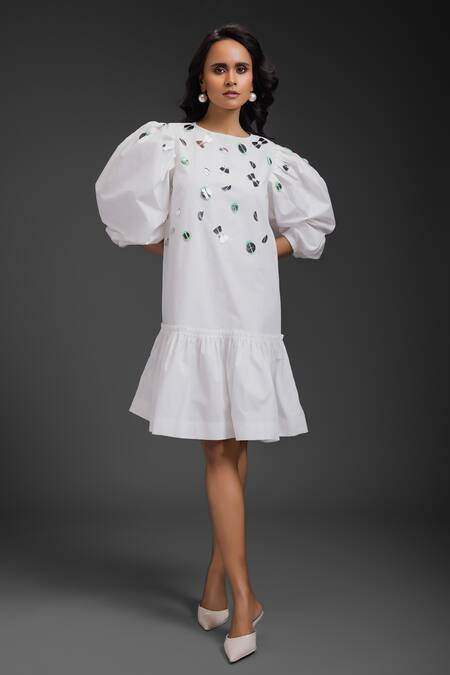 Deepika Arora_White Cotton Sequins Round Neck Designer Dress_Online_at_Aza_Fashions