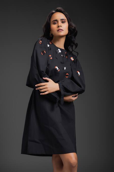 Buy_Deepika Arora_Black Cotton Round Neck Designer Dress _Online_at_Aza_Fashions