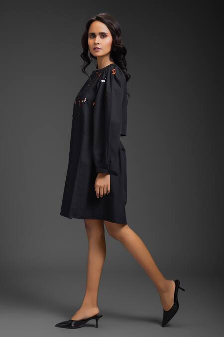 Shop_Deepika Arora_Black Cotton Round Neck Designer Dress _Online_at_Aza_Fashions