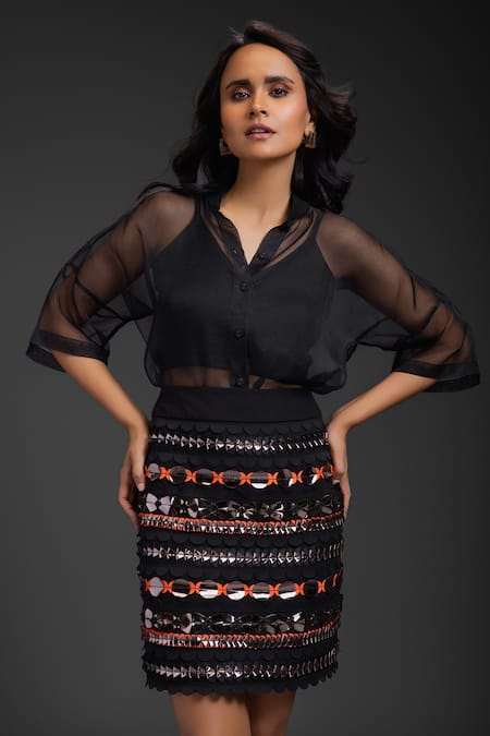 Deepika Arora_Black Organza Sequins Collared Designer Skirt Set _Online_at_Aza_Fashions