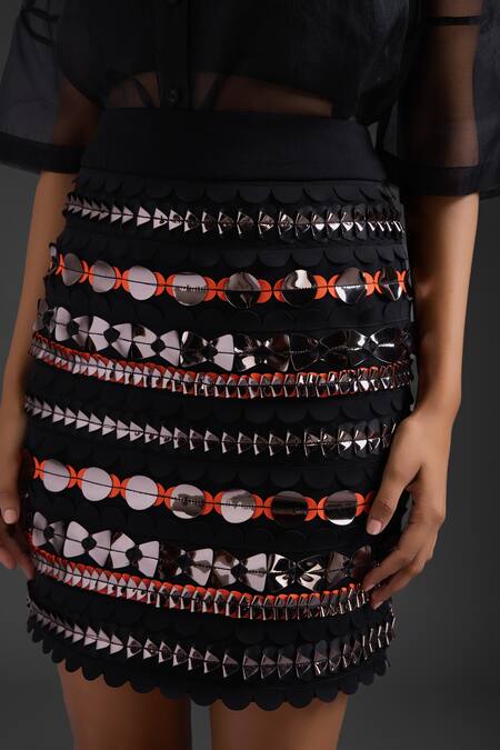 Deepika Arora Black Polyester Studs Embellished Short Skirt Online at Aza Fashions Deepika Arora_Black Polyester Studs Embellished Short Skirt _Online_at_Aza_Fashions