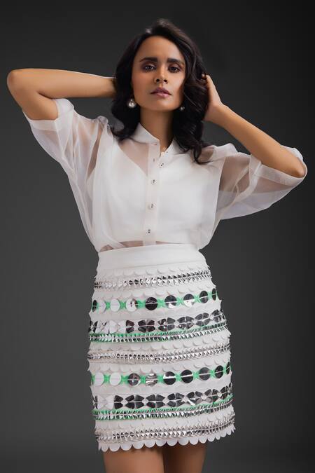 Deepika Arora_White Organza Sequins Collared, Round Neck Skirt Set_Online_at_Aza_Fashions