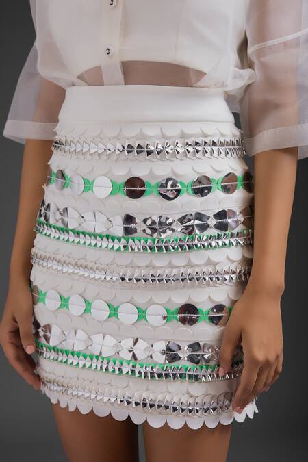 Shop_Deepika Arora_White Organza Sequins Collared, Round Neck Skirt Set_Online_at_Aza_Fashions