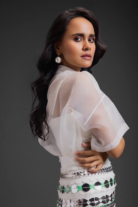 Buy_Deepika Arora_White Organza Sequins Collared, Round Neck Skirt Set