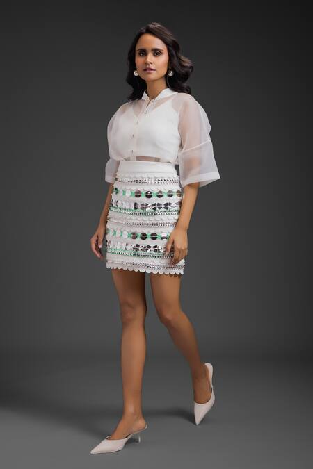 Deepika Arora_White Ponte Roma Embellished Skirt_Online_at_Aza_Fashions
