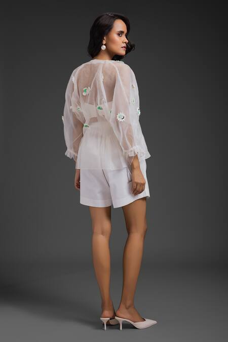 Shop Deepika Arora White Organza Fabric Flowers V-neck Embroidered Top And Bustier Se at Aza Fashions Shop_Deepika Arora_White Organza Fabric Flowers V-neck Embroidered Top And Bustier Se_at_Aza_Fashions