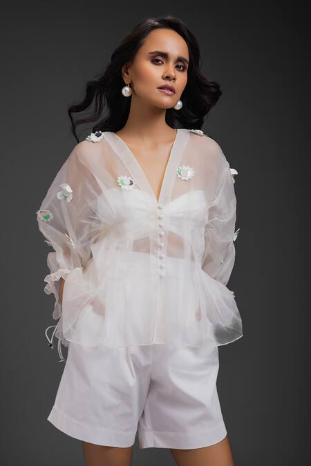 Buy Deepika Arora White Organza Fabric Flowers V-neck Embroidered Top And Bustier Se Online at Aza Fashions Buy_Deepika Arora_White Organza Fabric Flowers V-neck Embroidered Top And Bustier Se_Online_at_Aza_Fashions