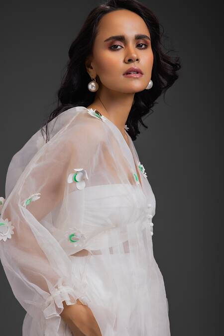 Shop Deepika Arora White Organza Fabric Flowers V-neck Embroidered Top And Bustier Se Online at Aza Fashions Shop_Deepika Arora_White Organza Fabric Flowers V-neck Embroidered Top And Bustier Se_Online_at_Aza_Fashions