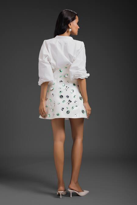 Shop Deepika Arora White Faux Leather Collared Vegan Shirt And Skirt Set at Aza Fashions Shop_Deepika Arora_White Faux Leather Collared Vegan Shirt And Skirt Set_at_Aza_Fashions