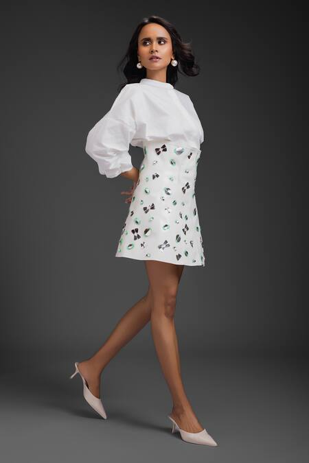 Deepika Arora White Faux Leather Collared Vegan Shirt And Skirt Set Online at Aza Fashions Deepika Arora_White Faux Leather Collared Vegan Shirt And Skirt Set_Online_at_Aza_Fashions
