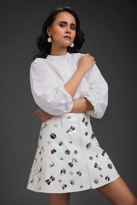 Shop Deepika Arora White Faux Leather Collared Vegan Shirt And Skirt Set Online at Aza Fashions Shop_Deepika Arora_White Faux Leather Collared Vegan Shirt And Skirt Set_Online_at_Aza_Fashions