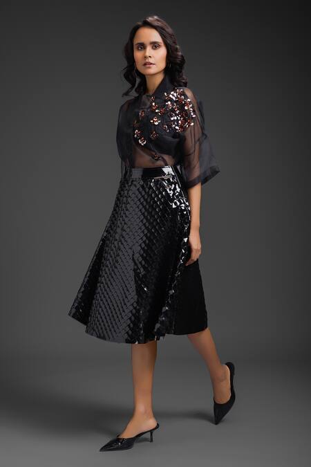 Buy Deepika Arora Black Velvet, Leather Sequins, Embroidery Collared Vegan Skirt Set Online at Aza Fashions Buy_Deepika Arora_Black Velvet, Leather Sequins, Embroidery Collared Vegan Skirt Set _Online_at_Aza_Fashions