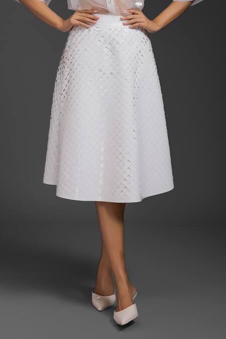 Deepika Arora_White Velvet, Faux Leather Beads, Sequins Collared Vegan Skirt Set _Online_at_Aza_Fashions