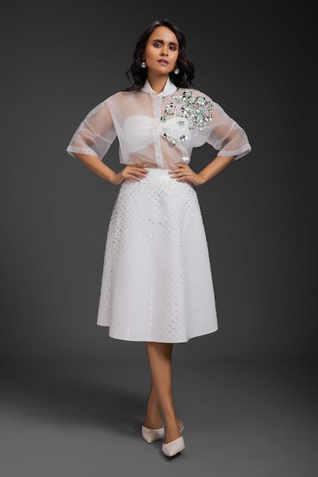 Buy_Deepika Arora_White Velvet, Faux Leather Beads, Sequins Collared Vegan Skirt Set _Online_at_Aza_Fashions