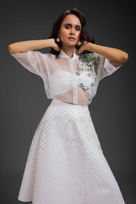 Deepika Arora_White Velvet, Faux Leather Beads, Sequins Collared Vegan Skirt Set _at_Aza_Fashions