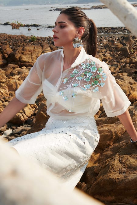 Buy_Deepika Arora_White Velvet, Faux Leather Beads, Sequins Collared Vegan Skirt Set 