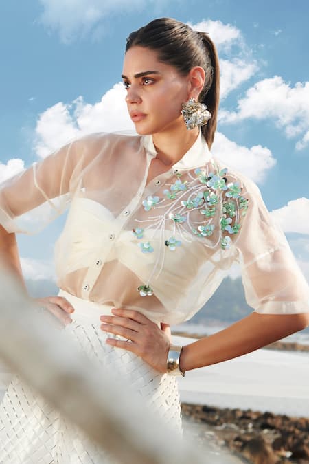 Shop_Deepika Arora_White Velvet, Faux Leather Beads, Sequins Collared Vegan Skirt Set 