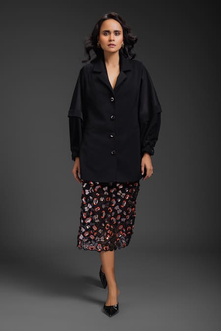 Shop Deepika Arora Black Ramie, Crepe Sequins Designer Blazer And Skirt Set Online at Aza Fashions Shop_Deepika Arora_Black Ramie, Crepe Sequins Designer Blazer And Skirt Set _Online_at_Aza_Fashions