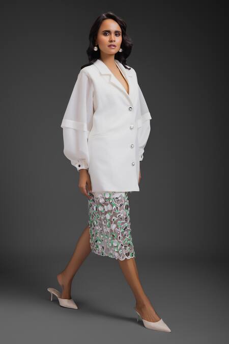 Deepika Arora White Crepe Sequins Blazer And Skirt Set Online at Aza Fashions Deepika Arora_White Crepe Sequins Blazer And Skirt Set_Online_at_Aza_Fashions