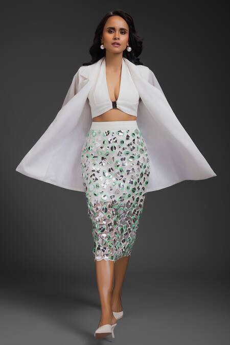 Buy Deepika Arora White Crepe Sequins Blazer And Skirt Set Online at Aza Fashions Buy_Deepika Arora_White Crepe Sequins Blazer And Skirt Set_Online_at_Aza_Fashions