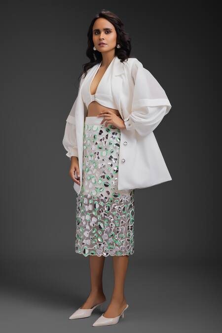 Deepika Arora White Crepe Sequins Blazer And Skirt Set at Aza Fashions Deepika Arora_White Crepe Sequins Blazer And Skirt Set_at_Aza_Fashions