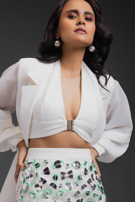 Buy Deepika Arora White Crepe Sequins Blazer And Skirt Set Buy_Deepika Arora_White Crepe Sequins Blazer And Skirt Set