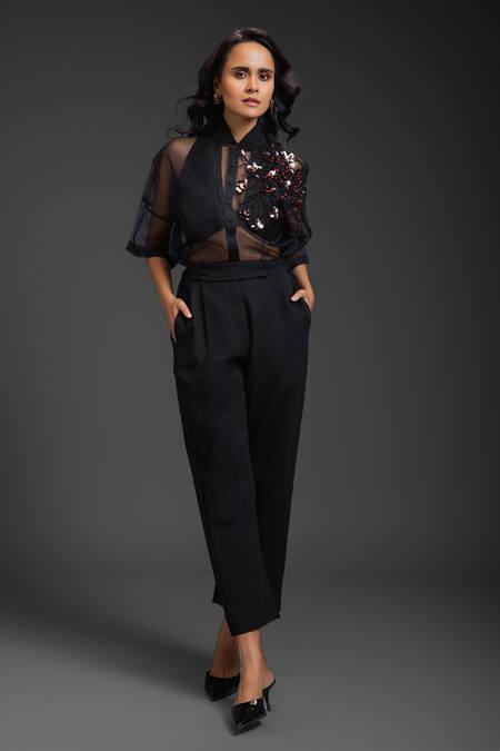 Buy_Deepika Arora_Black Organza Sequins, Embroidery Collared Pant Set _Online_at_Aza_Fashions