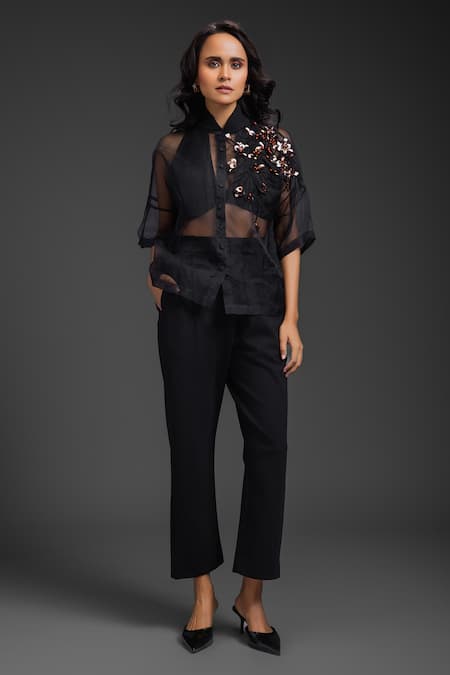 Deepika Arora Black Organza Embroidered Pant Set 