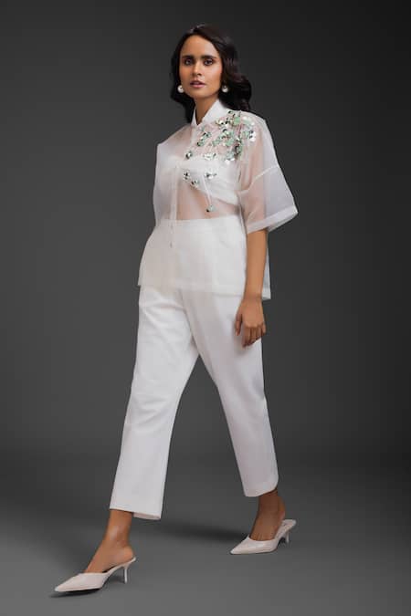 Buy_Deepika Arora_White Organza Sequins Collared, Sweetheart Neck Pant Set _Online_at_Aza_Fashions