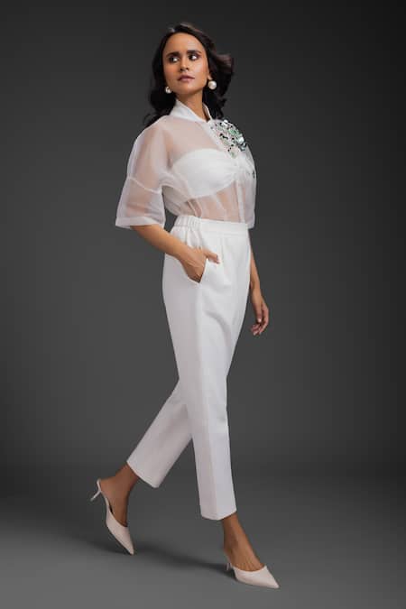 Shop_Deepika Arora_White Organza Sequins Collared, Sweetheart Neck Pant Set _Online_at_Aza_Fashions