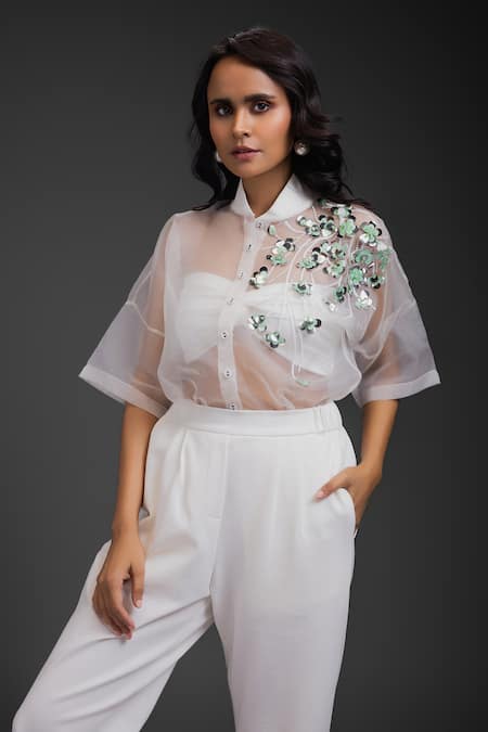 Deepika Arora_White Organza Sequins Collared, Sweetheart Neck Pant Set _at_Aza_Fashions