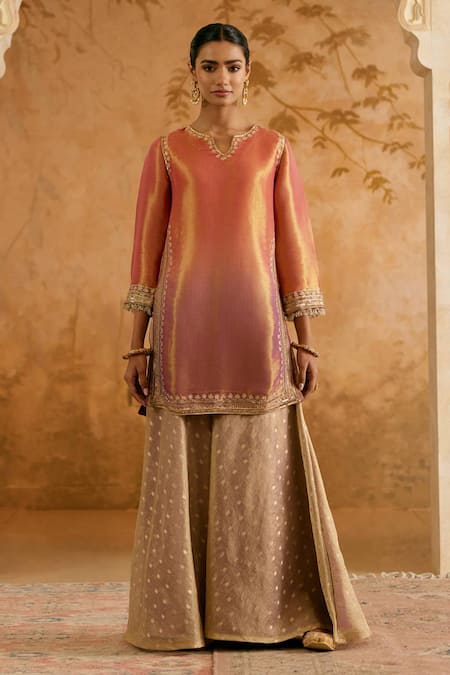 Nero India Orange Tissue Embroidery Split V-neck And Purple Kurta Sharara Set 