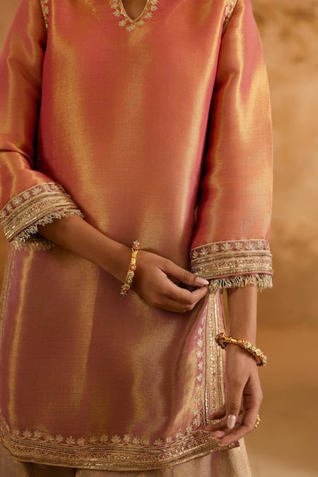 Nero India_Orange Tissue Embroidery Split V-neck And Purple Kurta Sharara Set _Online_at_Aza_Fashions