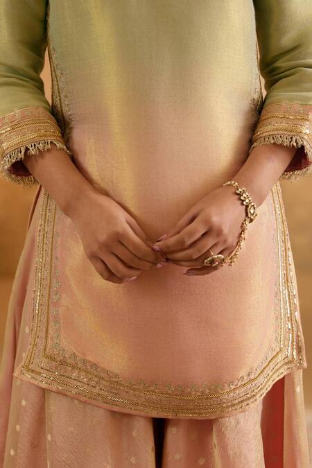 Nero India_Multi Color Tissue Embroidery Round Neck Blush Mint Kurta And Sharara Set _Online_at_Aza_Fashions