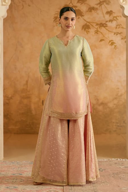 Nero India Multi Color Tissue Embroidery Round Neck Blush Mint Kurta And Sharara Set 