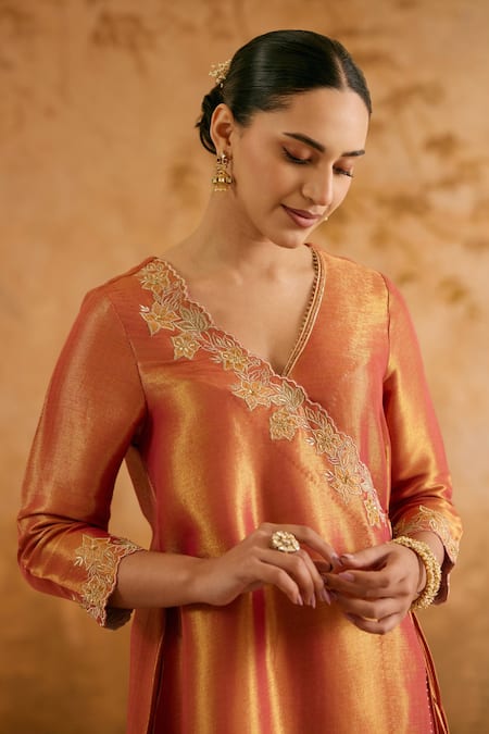 Nero India_Orange Tissue Tassels V-neck Kurta And Pant Set _Online_at_Aza_Fashions