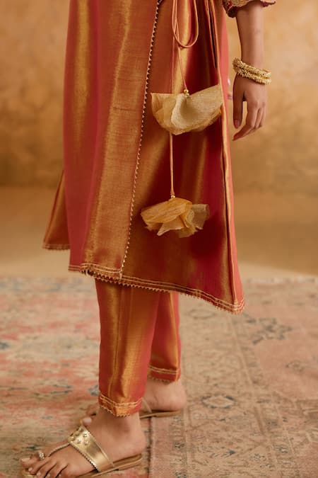 Buy_Nero India_Orange Tissue Tassels V-neck Kurta And Pant Set _Online_at_Aza_Fashions