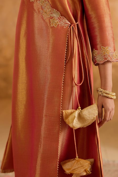 Shop_Nero India_Orange Tissue Tassels V-neck Kurta And Pant Set _Online_at_Aza_Fashions