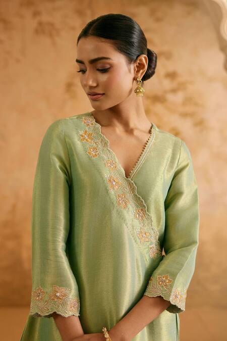 Nero India Green Tissue Embroidery V-neck Kurta And Pant Set Online at Aza Fashions Nero India_Green Tissue Embroidery V-neck Kurta And Pant Set _Online_at_Aza_Fashions
