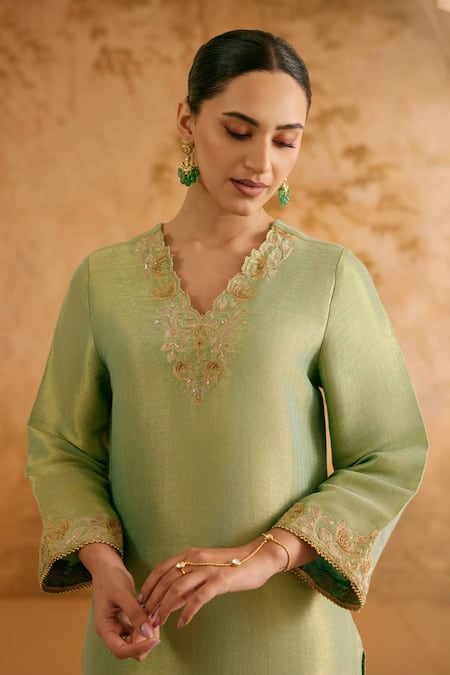 Nero India Green Chevron Tissue Kurta Set 