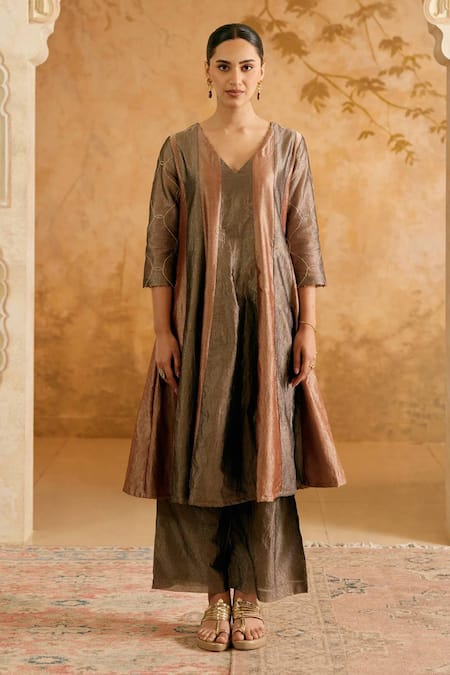 Nero India_Black Tissue V-neck Bronze Anarkali Kurta Set _Online_at_Aza_Fashions