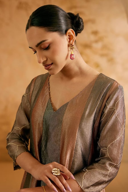 Buy_Nero India_Black Tissue V-neck Bronze Anarkali Kurta Set _Online_at_Aza_Fashions