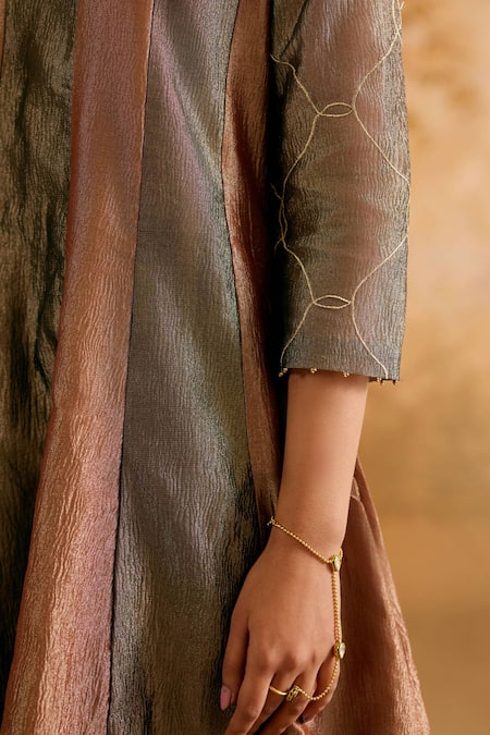 Shop_Nero India_Black Tissue V-neck Bronze Anarkali Kurta Set _Online_at_Aza_Fashions